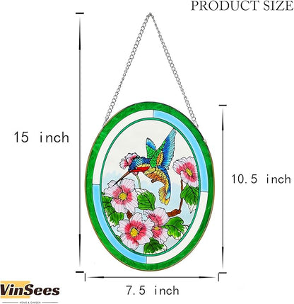 Hummingbird Stained Glass Window Hangings,Suncatcher for Window, Hummingbird and Flowers Hanging Ornament, Stained Glass Panel Home Decorations for Indoor Outdoor