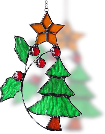 Christmas Stained Glass Window Hanging, Tree Shape Sun Catcher for Window Decoration, Handcrafted Festive Stained Glass Hanging Ornament Gift for Women, Mom, Grandma