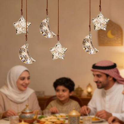 6pcs Clear Crystal Star and Half Moon Prisms Ornaments Faceted Glass Hanging Ornaments for Home Garden Window Wedding Party Decor