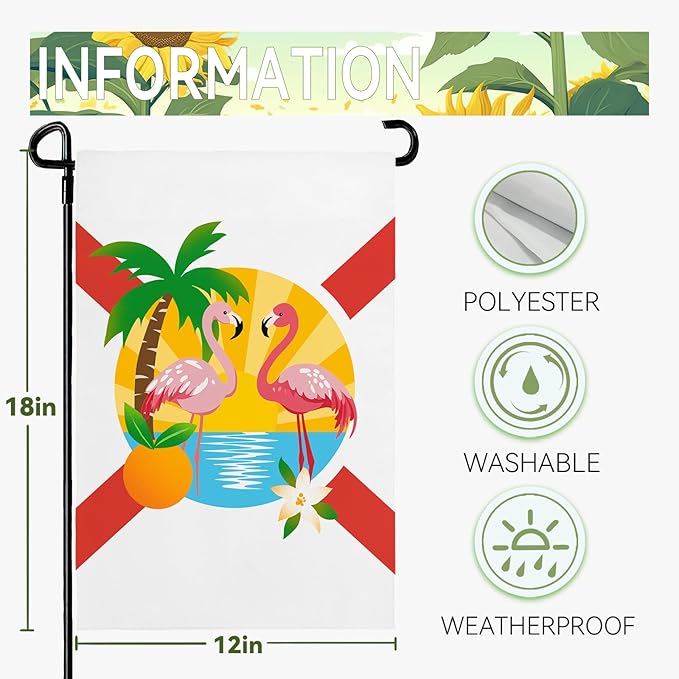Florida Garden Flag Outdoor with Flamingos Palm Tree Orange Blossom Sunset Tropical Beach Scene House Banner Welcome Summer Spring Yard Porch Patio Seasonal Decoration Miami Vibes 12x18 Inch