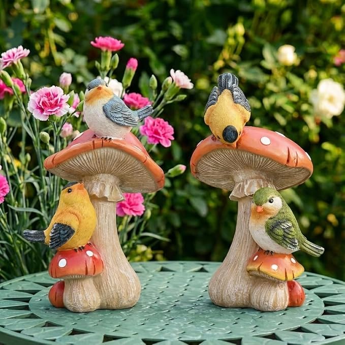 TERESA'S COLLECTIONS Garden Decor, Set of 2 Cute Birds and Mushrooms Garden Decor, Waterproof Resin Garden Statue, Birds Gift, Garden Gift for Women Mom, Indoor/Outdoor