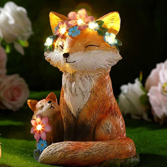 Leinuosen Mom and Baby Fox Gift Statue for Women Solar Powered Garden Decor Outdoor Lighted Resin Mother's Day Fox Gifts for Mama Grandma Patio Porch Yard Lawn Courtyard Backyard Indoor