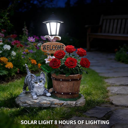 20" Solar Cat Garden Statue with Welcome Sign & Planter - Large Cat Sculpture with LED Street Lantern - Weatherproof Resin Decorative Flower Pot for Porch, Yard & Patio - Pet Lover Gift