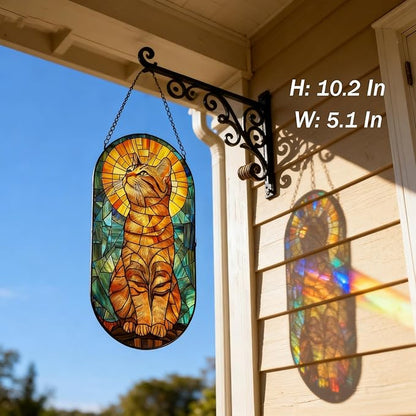 Stained Glass Window Hanging, Curious Orange Tabby Suncatcher for Window Door Wall Kitchen Office Garden Porch Decoration, Gifts for Women, Men, Mom, Father, Mother's Day Birthday