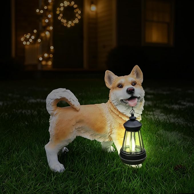 Outdoor Husky Dog Statue with Interchangeable Welcome sign and Detachable Solar Lantern –LED Light Garden Dog Sculpture Décor Garden Statue Outdoor dog statue Cute Puppy Design for Yard Porch Gift