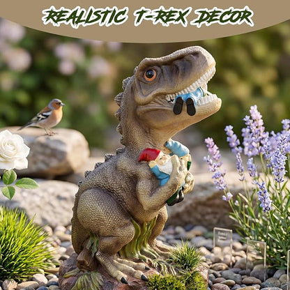 PARTYGEARS Dinosaur Statue with Gnomes, 16“ Large Outdoor Garden Statues Yard Decor, Funny Dinosaur Holding Gnomes Figurines for Patio Lawn, Weatherproof Gnome Decorations for Home, Unique