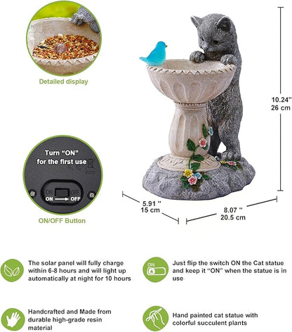 Nacome Solar Cat Statue for Garden Decor: IP44 Weatherproof Resin with Automatic Lighting - No Installation- Outdoor Yard Patio Balcony Art - Birthday Gifts for Bird Lovers Mom Grandma Women