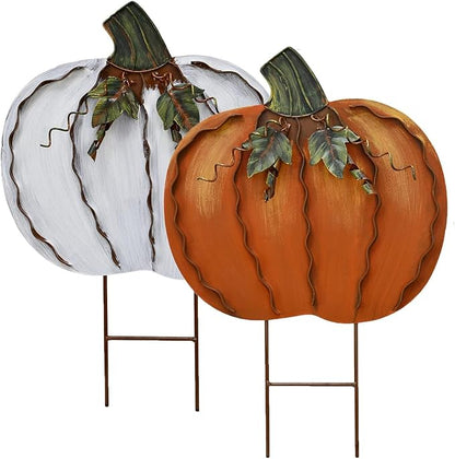 Morning View Pumpkin Garden Stakes Metal Yard Sign Fall Decor Outdoor Autumn Yard Stake Art Pumpkin Lawn Ornaments for Patio Porch Thanksgiving Halloween Harvest 17.5 Inches Tall Set of 2