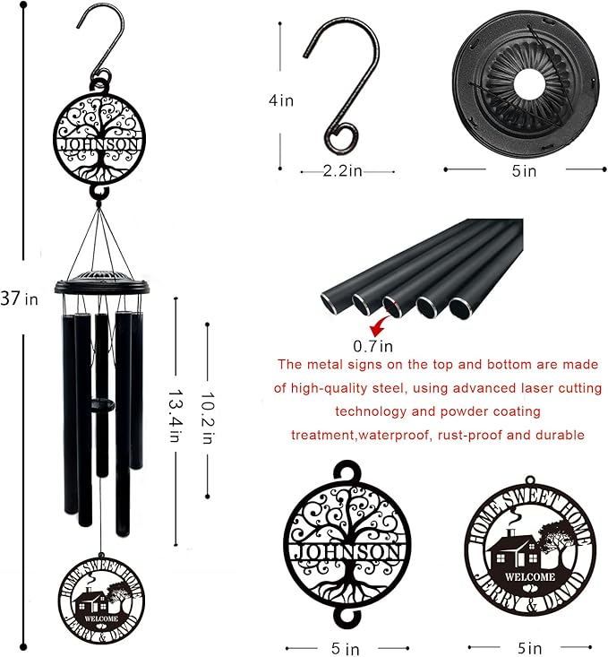 Personalized House Warming Gifts New Home, 37" Black Wind Chimes Housewarming Gifts, New Home Gift Ideas for Women Men Homeowners Couples Family Friends,Outdoor Decor for Patio,Garden,Yard