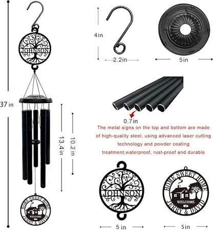 Personalized House Warming Gifts New Home, 37" Black Wind Chimes Housewarming Gifts, New Home Gift Ideas for Women Men Homeowners Couples Family Friends,Outdoor Decor for Patio,Garden,Yard