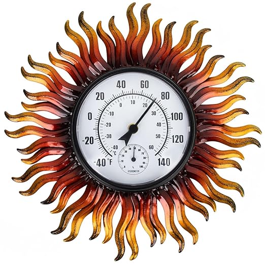 Outdoor Thermometer Waterproof with Humidity, 13.5 Inch Wall Large Number Easy to Read Outdoor Thermometer, Decorative Outside Thermometer, for Patio, Garden (Sun)