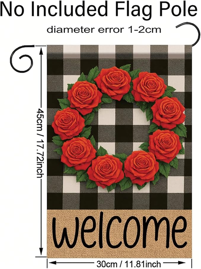 Buffalo Plaid Welcome Wreath Garden Flag Red Rose Flower Flag 12x 18 Inch Double Sided Spring Outdoor Fall Autumn Farmhouse Outdoor Small Decor for Porch Lawn Patio Yard