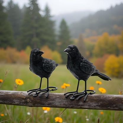 Set of 2 Garden Crow Statues Outdoor Decor for Tree, Resin Bird Figurines Tree Hugger Sculpture Fake Black Raven Decoy Halloween Decoration for Patio Yard, Deck, Fence Ornaments