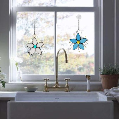 Stained Glass Window Hanging Flower Ornaments,Forget Me Not Blue Flower Suncatcher for Window, Home Decor of Living Room, Gift for Women Valentine's Day & Birthday & Christmas.