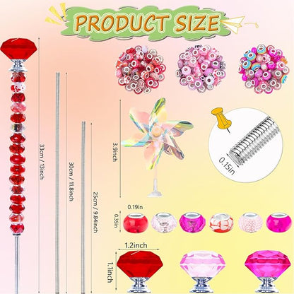 148 PCS Beaded Garden Stakes Kit, DIY Fairy Wand Garden Stake Beads Kits with Assortment Large Hole Beads 6 Crystal Stopper Top Threaded Rods and 3 Colored Small Windmills for Outdoor Indoor Decor