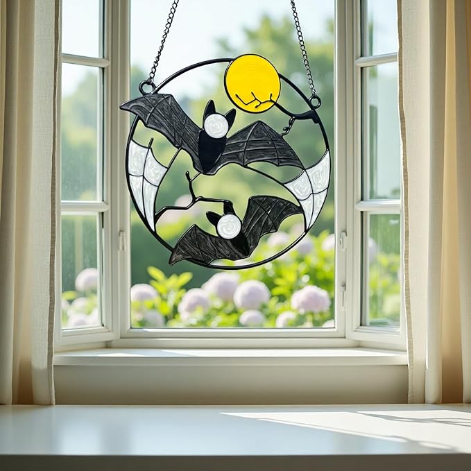 Stained Enamel and Metal Bat Moon Suncatcher Window Panel Wall Hanging Ornaments Halloween Horror Home Decorations