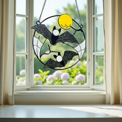 Stained Enamel and Metal Bat Moon Suncatcher Window Panel Wall Hanging Ornaments Halloween Horror Home Decorations