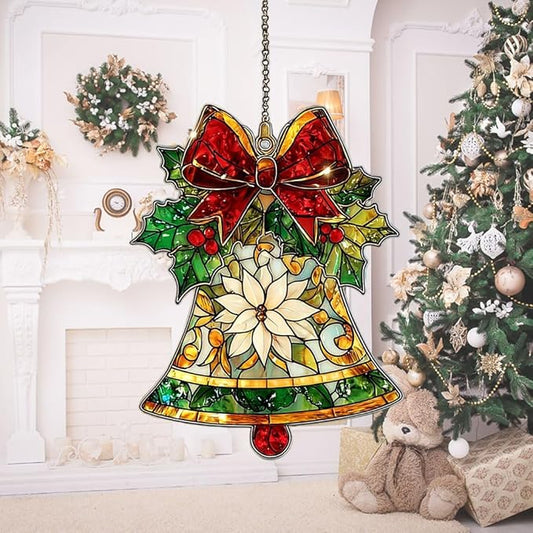 Winter Jingle Bell Scarf Knot Socks Acrylic Suncatcher Stained Glass Effect Window Car Hanging Christmas Ornament Indoor Outdoor Decor Garden Sun Catcher Panel for Women Mom Grandma