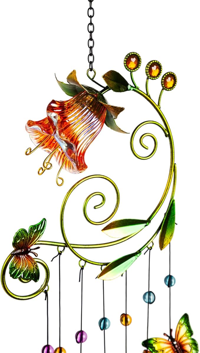 Evergreen Glass and Metal Flower with Butterflies Windchime