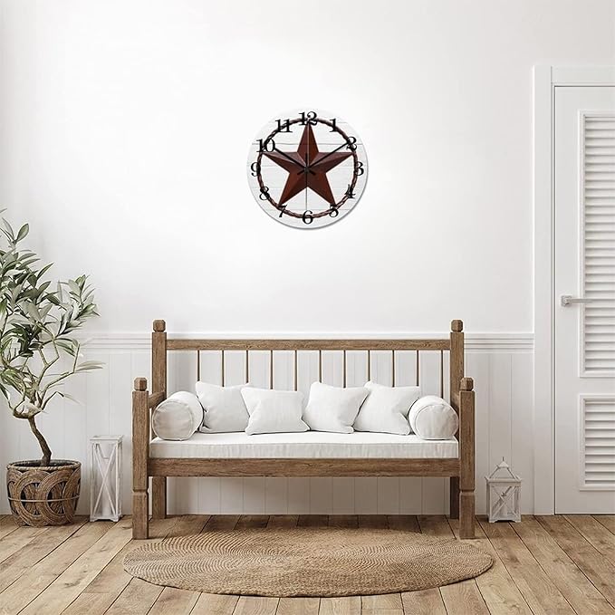 12 Inch Decorative Wall Clock Western Texas Star Rustic Farmhouse Wood Clock Quiet Non-ticking Battery Operated Vintage Wooden Analog Clock for School Bedroom Living Room Decoration Home Decor