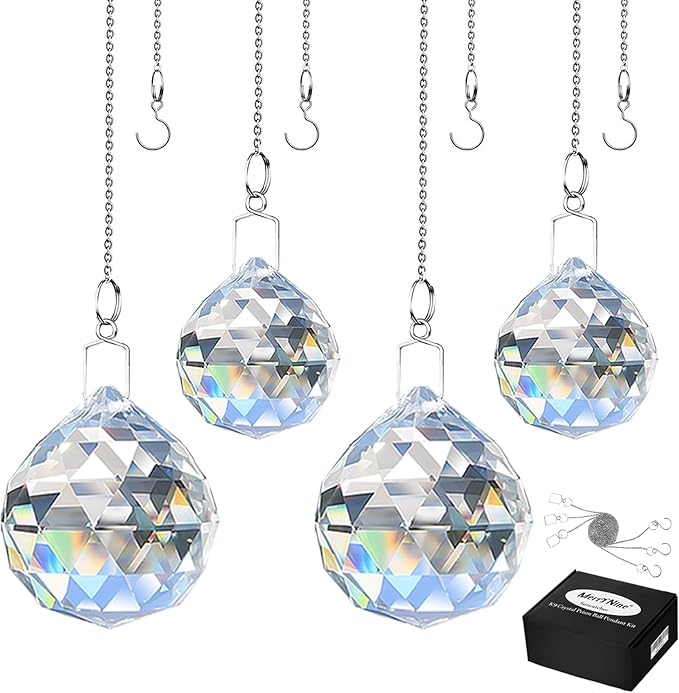 MerryNine 4 Pack Clear TOP K9 Crystal Prism Ball Pendant kit Sun Shine Catcher Rainbow Pendants Maker, Hanging Crystals Prisms with Beautiful Chain (30mm/40mm Mix)