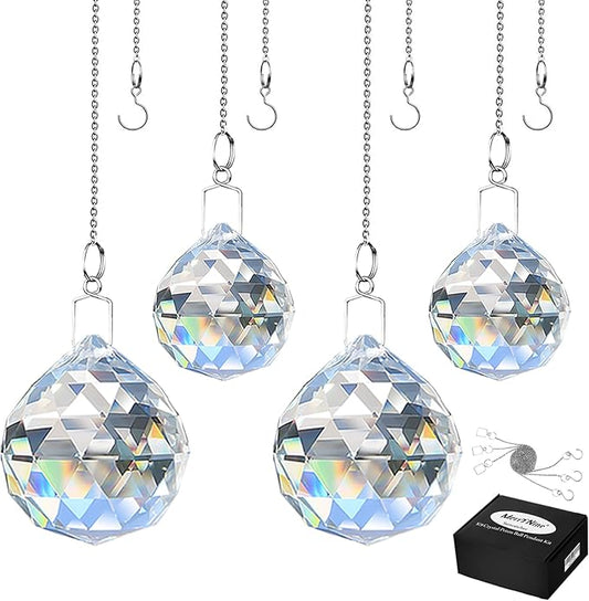 MerryNine 4 Pack Clear TOP K9 Crystal Prism Ball Pendant kit Sun Shine Catcher Rainbow Pendants Maker, Hanging Crystals Prisms with Beautiful Chain (30mm/40mm Mix)