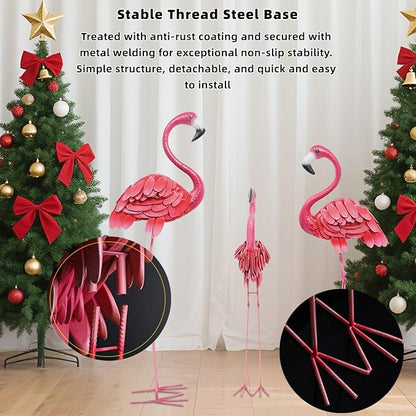 3Pcs Flamingo Outdoor Statues, Metal Flamingo Decorative Garden Sculpture with Stable Base Plate Standing Garden Statues for Home Patio Yard Display, 35", 42", 47" H, Pink