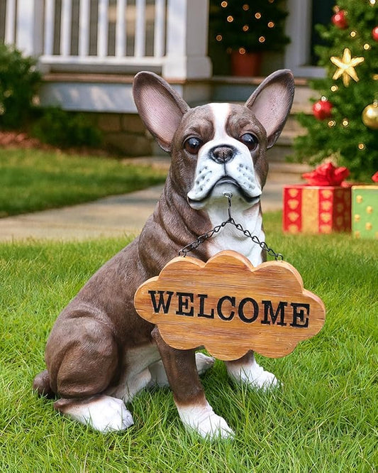Boston Terrier Garden Statue with Solar Lantern & Double-Sided Sign, Large Resin Dog Animal Sculpture Outdoor Decor for Patio Lawn Yard and Porch, Welcome Gifts for Dog Lovers (16.9")