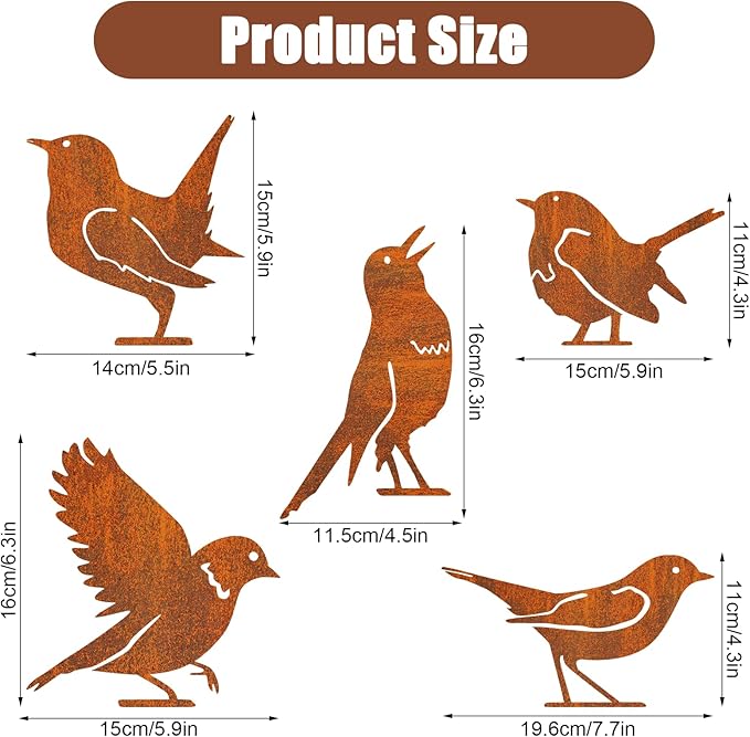 Rusty Metal Bird Garden Decor – 5PCS Iron Bird Silhouette Ornaments, Rustic Yard Art Decorations for Fence, Trees, Gates & Outdoor Decor