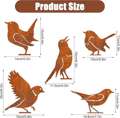 Rusty Metal Bird Garden Decor – 5PCS Iron Bird Silhouette Ornaments, Rustic Yard Art Decorations for Fence, Trees, Gates & Outdoor Decor
