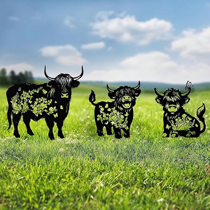 Metal Highland Cattle Decor for Outside,3 Piece Black Highland Cattle Silhouette Statues Garden Decor for Outside,Outdoor Decor,Yard Art,Lawn Ornaments,Gifts(Black Highland Cattle)