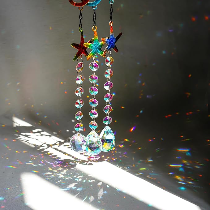 3PCS Seahorse & Starfish Crystal Suncatchers, Stained Glass Metal Hanging Sun Catcher Set with Colorful Crystal Prisms, Rainbow Maker Window Garden Patio Fence Décor