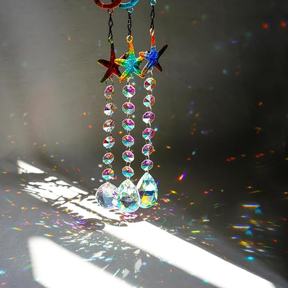 3PCS Seahorse & Starfish Crystal Suncatchers, Stained Glass Metal Hanging Sun Catcher Set with Colorful Crystal Prisms, Rainbow Maker Window Garden Patio Fence Décor