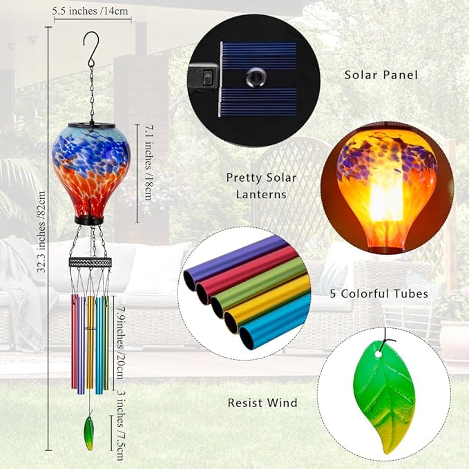 Starsoul Solar Wind Chimes for Outside, Colorful Hot Air Balloon Wind Chime with Flickering Flame, Outdoor Glass Windchimes Garden Decor, Gift for Mother's Day
