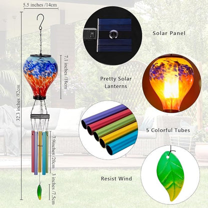 Starsoul Solar Wind Chimes for Outside, Colorful Hot Air Balloon Wind Chime with Flickering Flame, Outdoor Glass Windchimes Garden Decor, Gift for Mother's Day