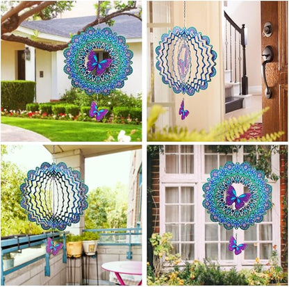 DREAMYSOUL Outdoor Wind Spinner Metal, 12 Inches Butterfly Hanging Wind Spinners 3D Garden Wind Sculpture for Outdoor Garden Patio Decoration