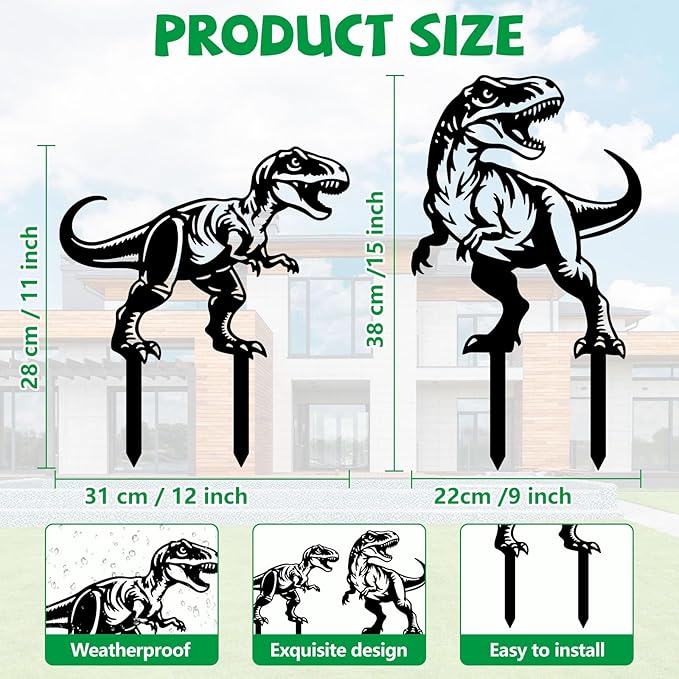 GLOBLELAND 2 Pcs Dinosaur Garden Stakes Animals Metal Decorative Garden Stakes Metal Yard Signs Decoration for Lawn Patio Yard Garden Decor