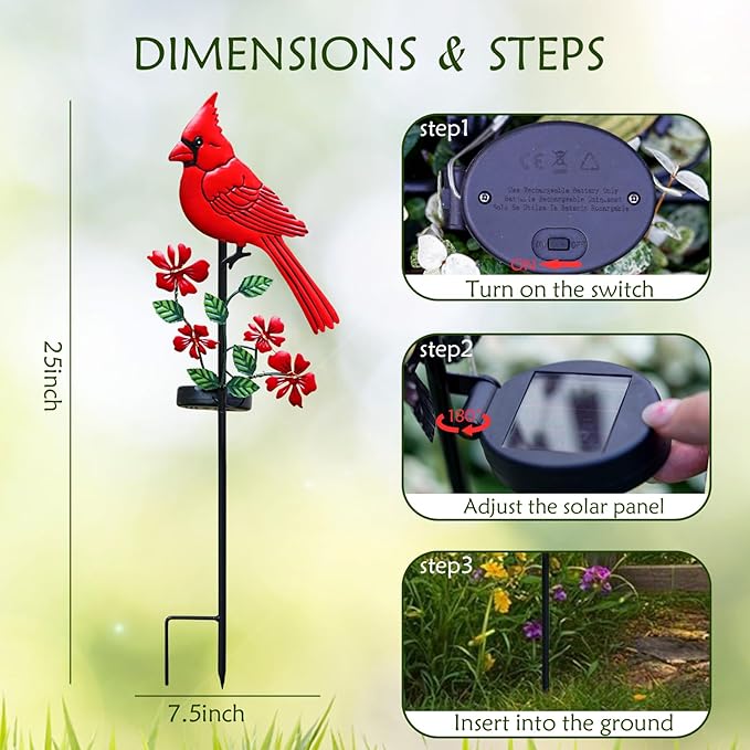 Cardinal Decor Garden Stake,Solar Metal Yard Art Red Cardinal, Cardinal Bird Figurine Lights with Powered LED Garden Sculptures & Statues, Outdoor Decor for Balcony, Yard, Lawn, Pathway, Walkway