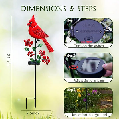 Cardinal Decor Garden Stake,Solar Metal Yard Art Red Cardinal, Cardinal Bird Figurine Lights with Powered LED Garden Sculptures & Statues, Outdoor Decor for Balcony, Yard, Lawn, Pathway, Walkway