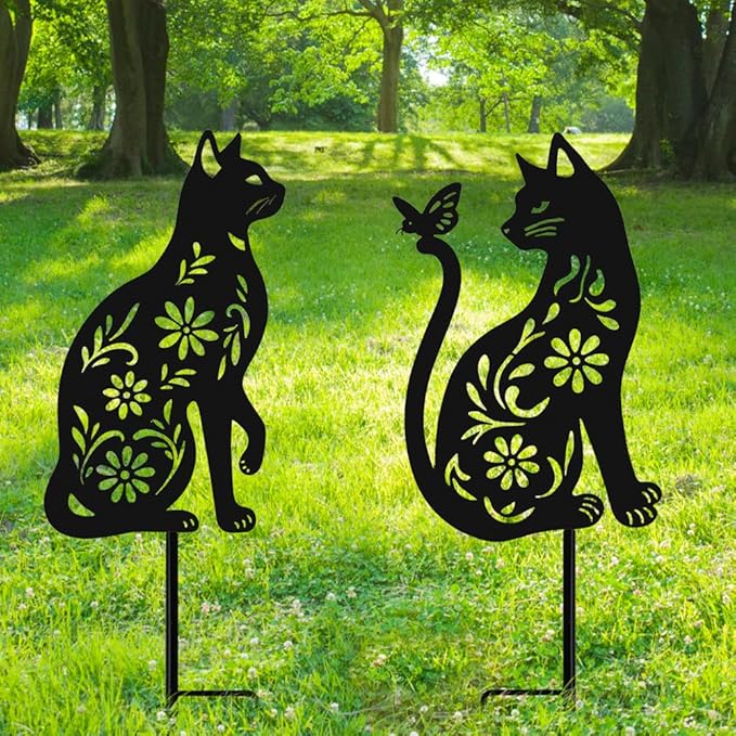 Black Cat Metal Decorative Garden Stakes, Unique Gifts for Cat Lovers, Garden Decor for Outside, Yard Art, Patio, Outdoor Decor, Garden Decorations, Lawn Ornaments (2 PCs)