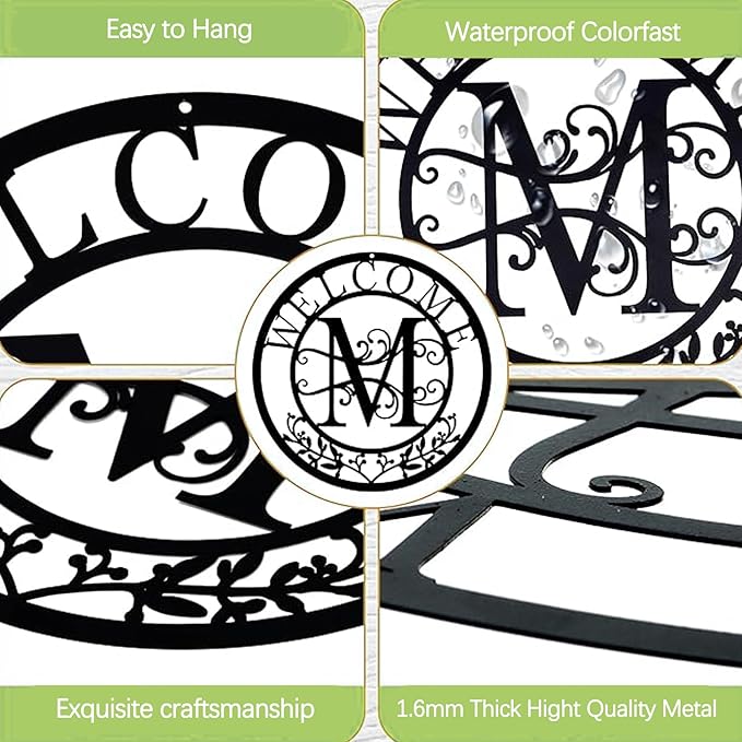 Metal Monogrammed Initial Welcome Sign, Metal Letter Wall Art Decor, Name Sign for Home Porch Front Door Outdoor (M)