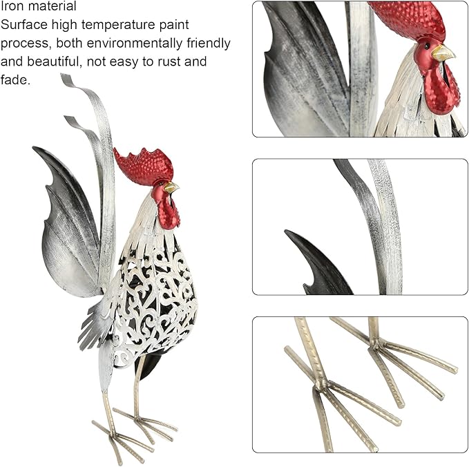 Chicken Decor, 15.6 x 19.7 x 4.6in Iron Garden Sculptures Statues Rooster Decor Extra Large Outdoor Sculptures Metal Yard Decor Ornaments Outdoor Sculpture, Rooster Ornament