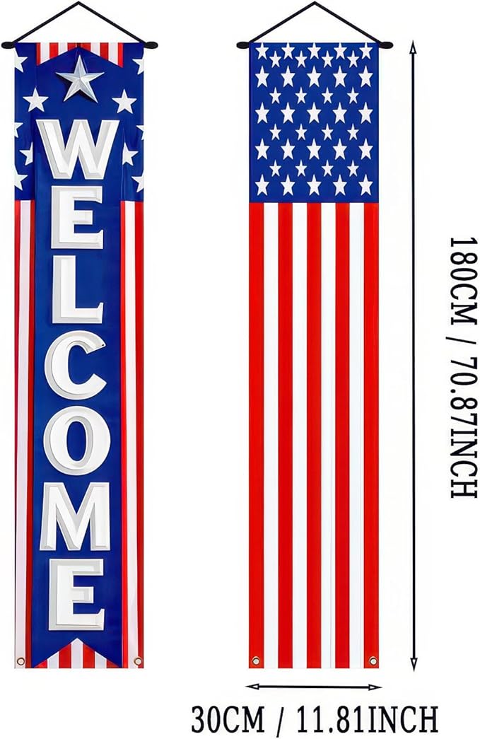 BlissYard 2Pcs Patriotic Decor Welcome Door Banner 4th of July Decorations American Banners Hanging Porch Signs for Independence Memorial Day Veterans Labor Day for Yard Indoor Outdoor Supplies