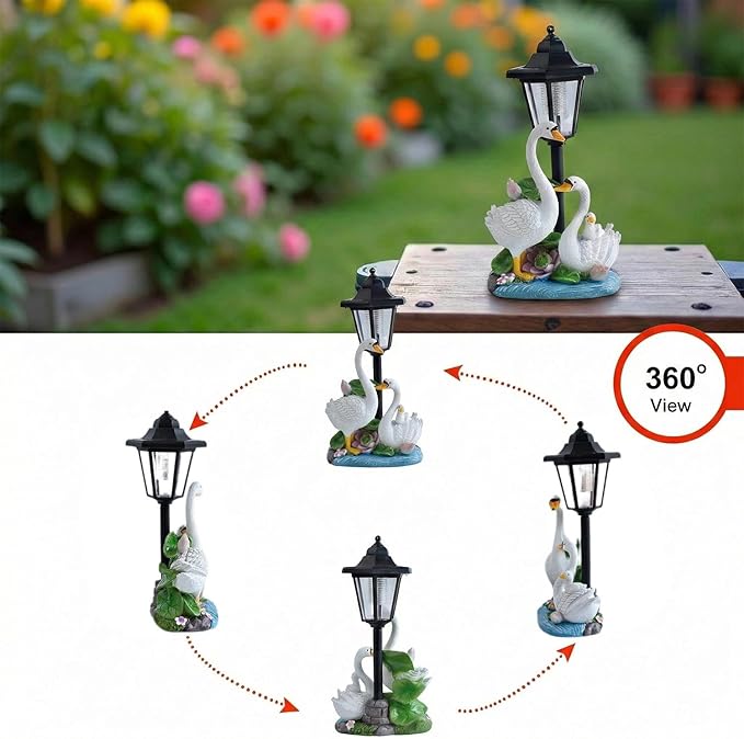 Solar Swan Garden Statue Outdoor Decor, Elegant Bird Figurines with Street Lamp Light for Patio Porch Decorations, Yard Lawn Sculptures Statues Unique Women Homes