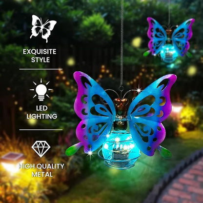Solar Hanging Butterfly Lights LED Outdoor Garden Decor Light Waterproof Powered Unique Decorations for Sister Birthday Gardening Gifts for Mom Women Front Porch Balcony Backyard Yard Path