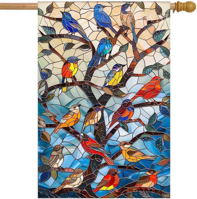 Stained Glass Spring Birds House Flag 28x40 Inch Double Sided Welcome Flag Burlap Large Outdoor Flag for Seasonal Farmhouse Yard Outdoor Decor