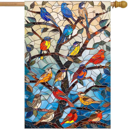 Stained Glass Spring Birds House Flag 28x40 Inch Double Sided Welcome Flag Burlap Large Outdoor Flag for Seasonal Farmhouse Yard Outdoor Decor