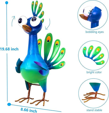 Ratuor Metal Peacock Statue Garden Decor Cartoon Peacock with Bobbling Eyes Yard Art Lawn Patio Decoration Outdoor Sculpture for Housewarming Birthday Wedding
