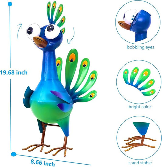 Ratuor Metal Peacock Statue Garden Decor Cartoon Peacock with Bobbling Eyes Yard Art Lawn Patio Decoration Outdoor Sculpture for Housewarming Birthday Wedding