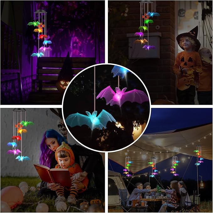 Bat Solar Lights Wind Chimes for Outside Garden Decoration, Color Changing Halloween Lights Wind Chimes with Pumpkin Bells, Bat Solar Chimes Outdoor Waterproof for Garden Patio Yard Porch Party Decor